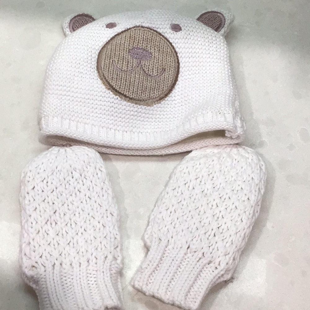 indigo White and Brown Bear Knit Hat and Mittens
